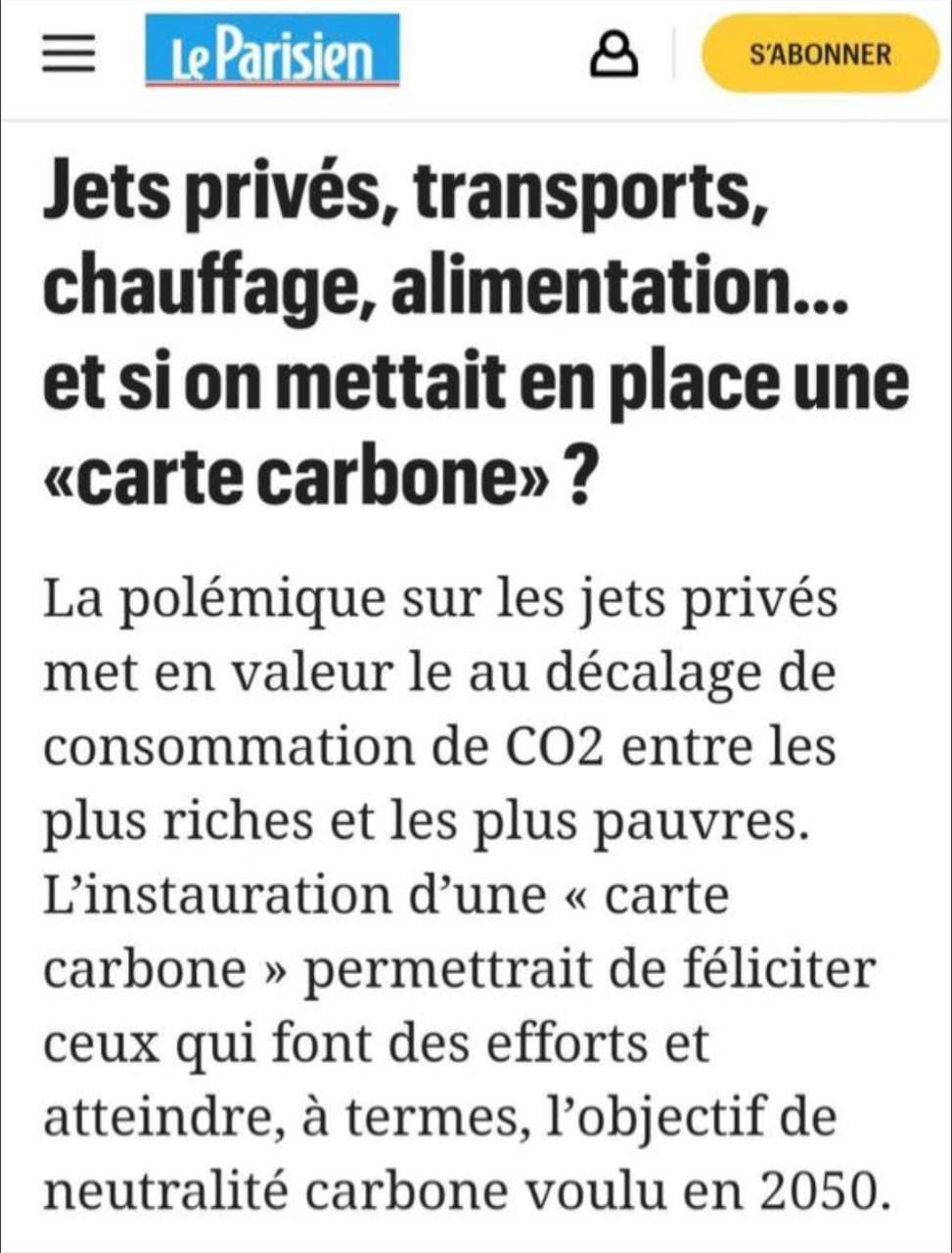 Le Parisien предлагает ввести «углеродную карту», то есть создать некую квоту на повседневное использование газа, отопления, автомобиля и потребление еды 🌽